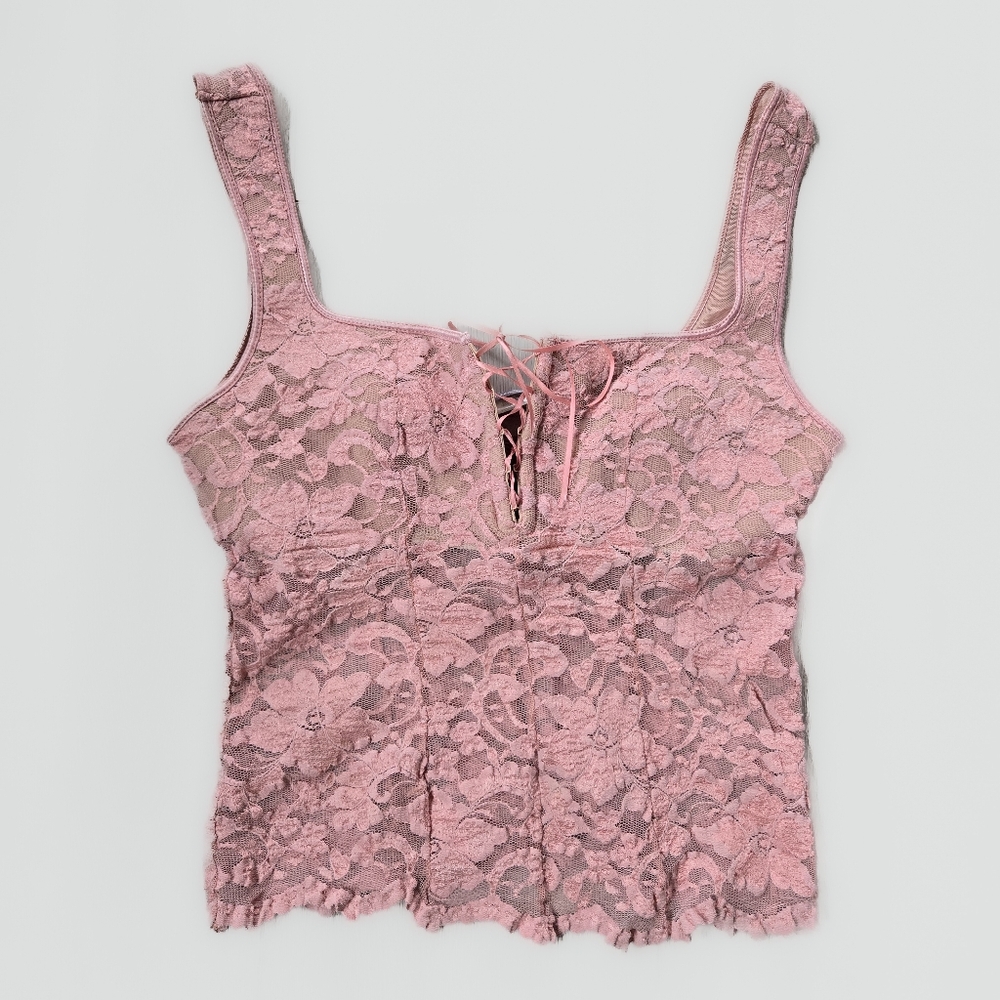 VTG Papillon Blanc Tank Top  Built In Bra  Size XL Blush Pink Lace Camisole